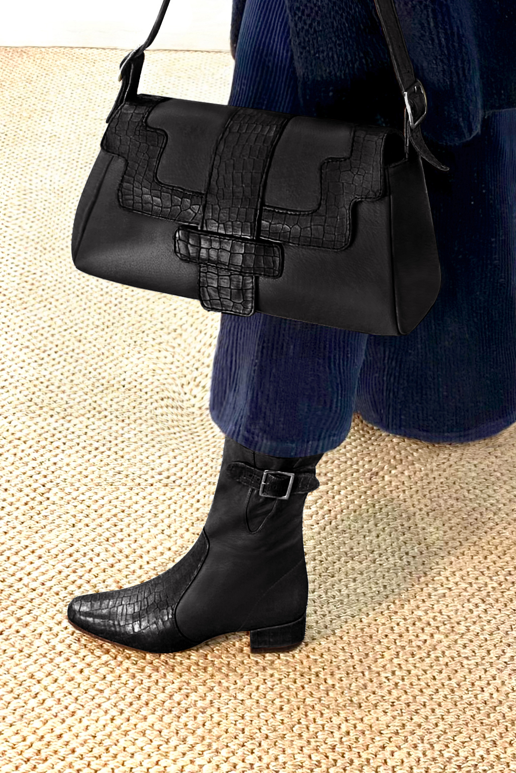 Satin black women's ankle boots with buckles on the sides. Round toe. Low block heels. Top view - Florence KOOIJMAN